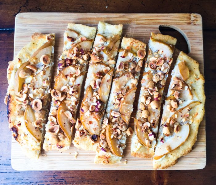 Gluten-free Pear, Hazelnut, & Goat Cheese Flatbread